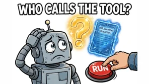 Confused cartoon robot asking who calls the tool, with a glowing function-call card and a hand pressing RUN