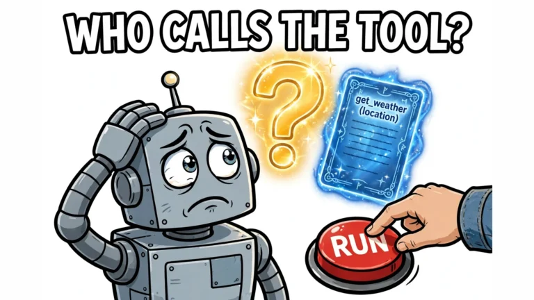 Confused cartoon robot asking who calls the tool, with a glowing function-call card and a hand pressing RUN