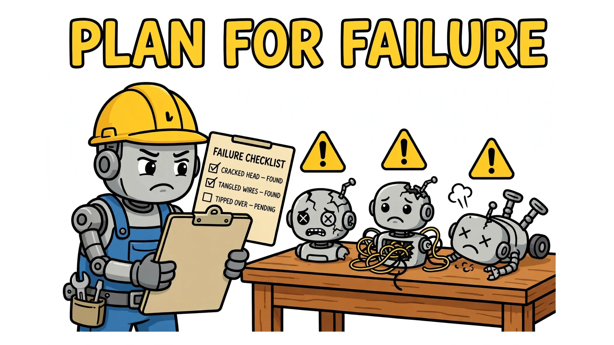 Cartoon robot engineer with a failure checklist inspecting broken robots marked with caution signs, headline PLAN FOR FAILURE.