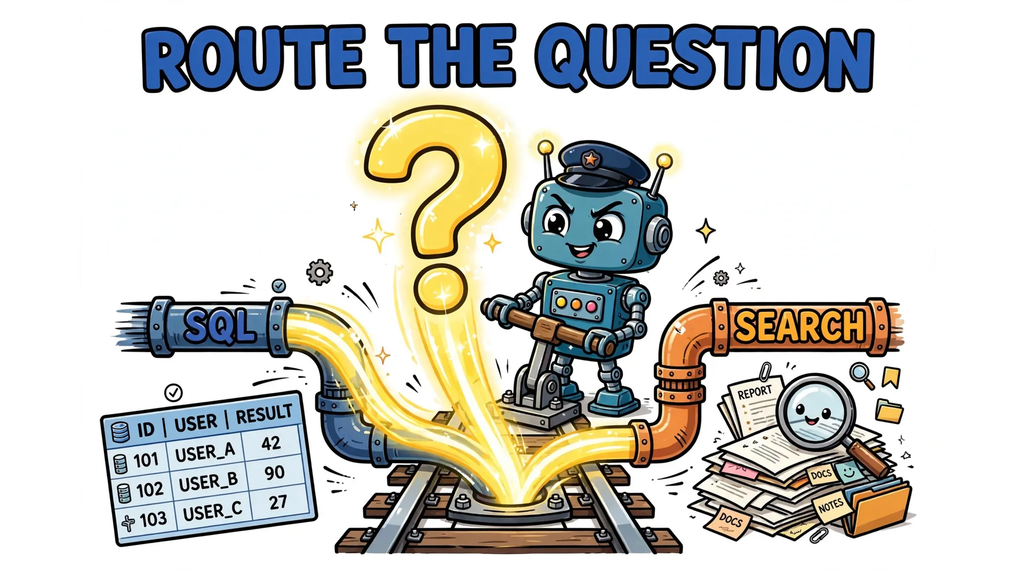 Cartoon robot routing a glowing question mark into a SQL pipe and a document search pipe, tool routing for structured vs unstructured data