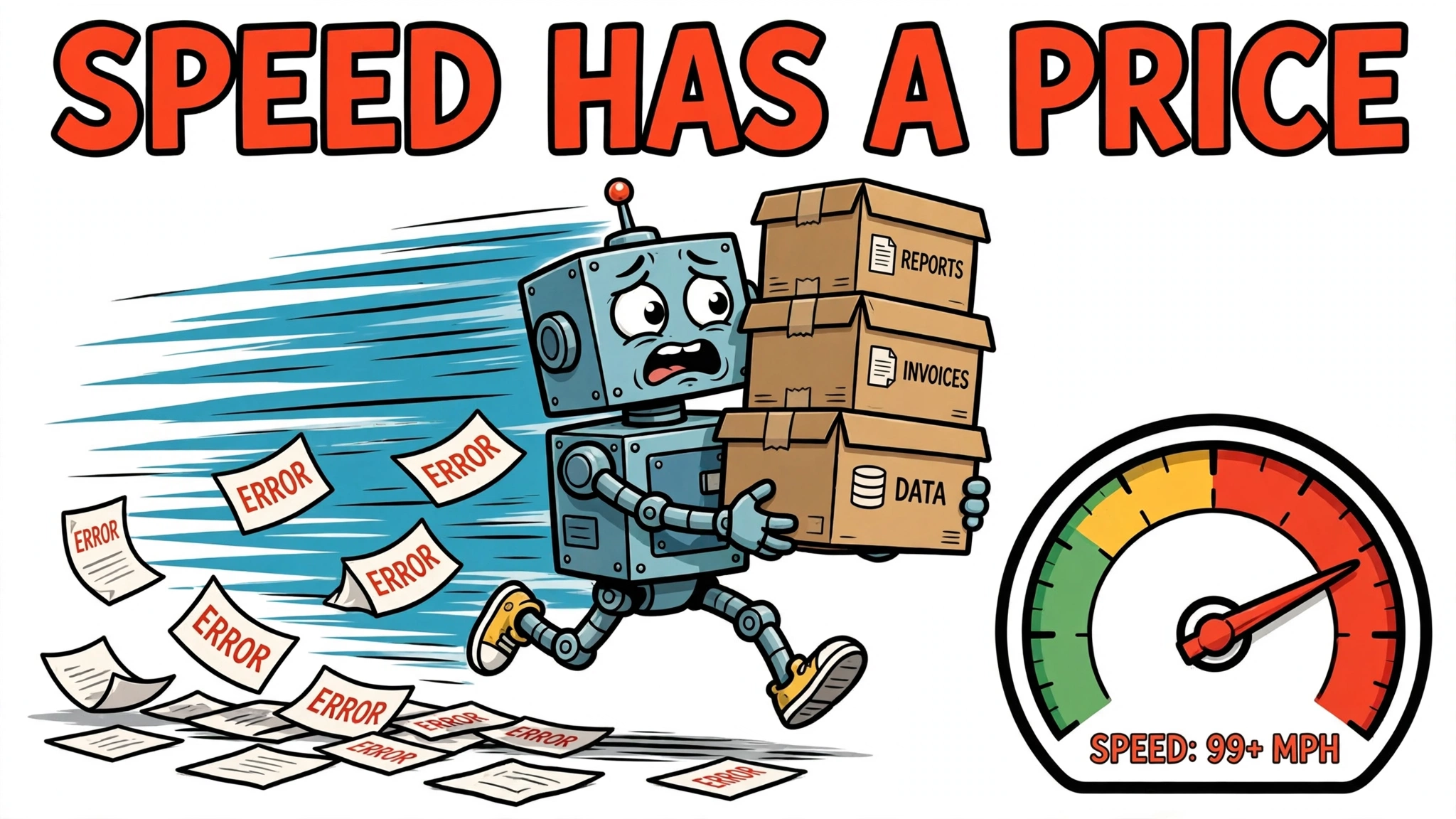 Cartoon robot sprinting while dropping ERROR papers, speedometer in the red zone, headline SPEED HAS A PRICE.