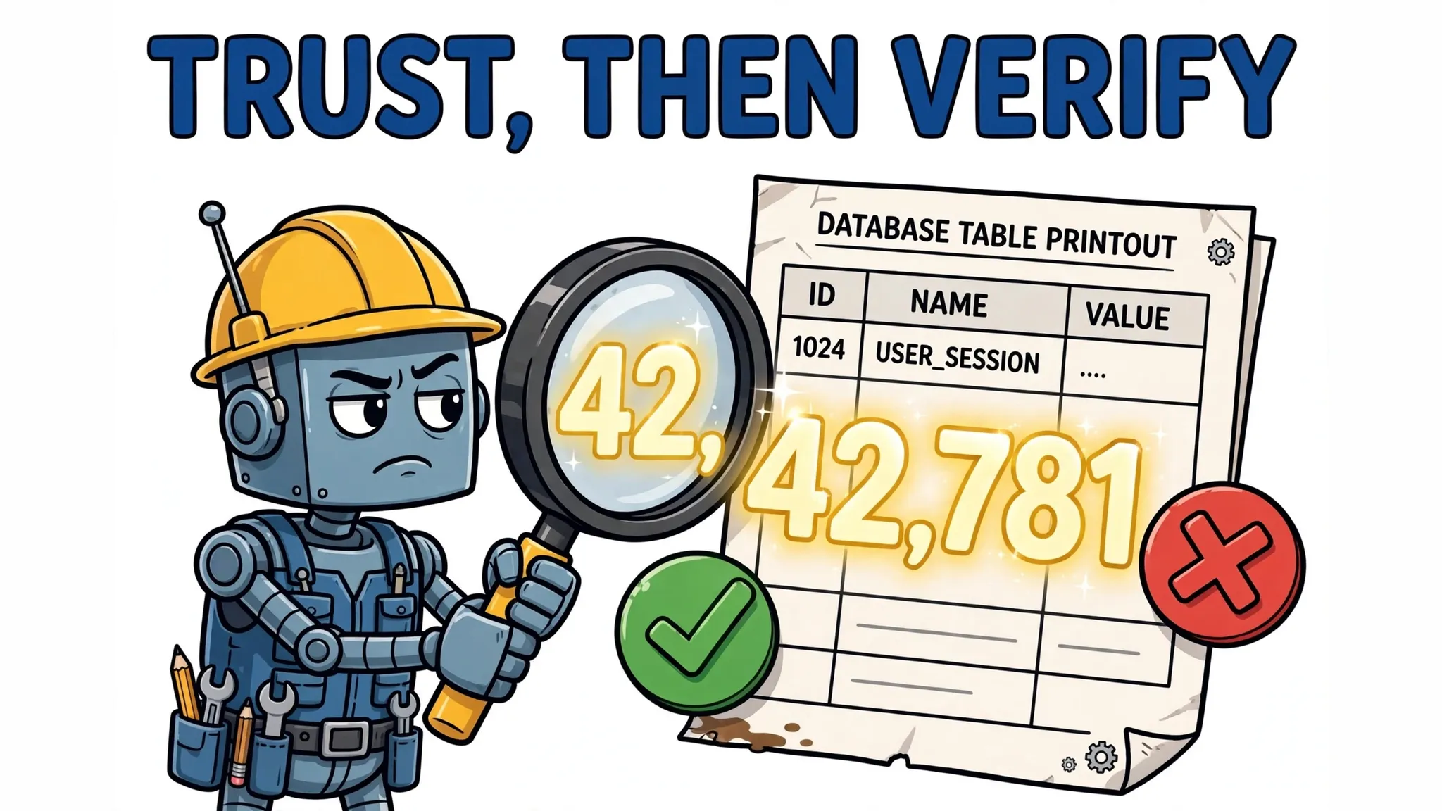 Cartoon robot engineer verifying a glowing database number with a magnifying glass, check badge versus X badge