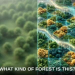 A uniform blurry green forest on one side contrasted with a glowing mosaic sorting the same landscape into distinct forest types, asking what kind of forest it is