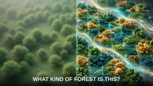 A uniform blurry green forest on one side contrasted with a glowing mosaic sorting the same landscape into distinct forest types, asking what kind of forest it is