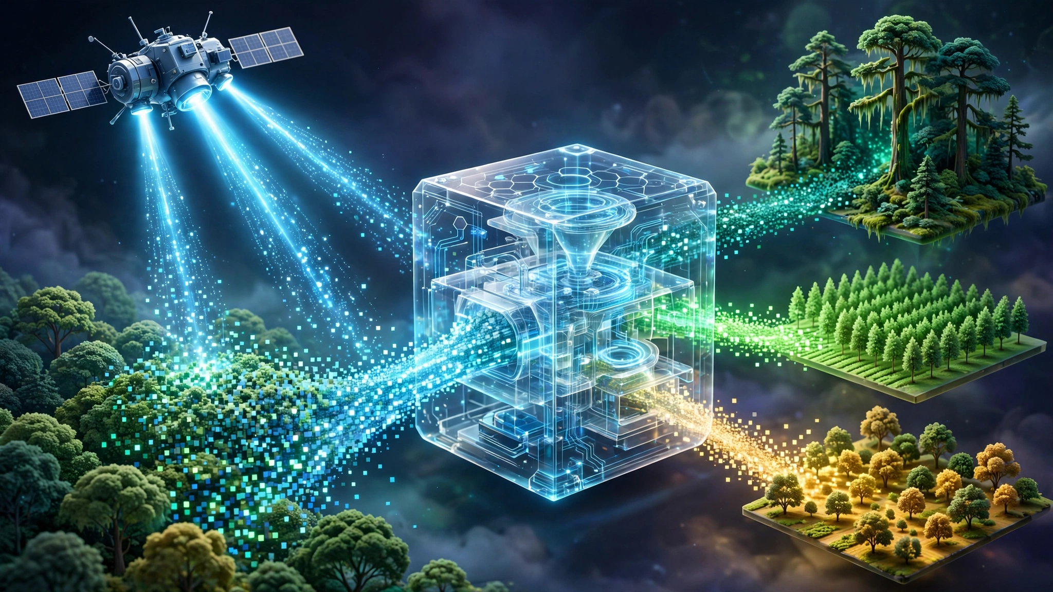 Satellite beams flowing through a translucent AI sorting mechanism into distinct forest-type clusters