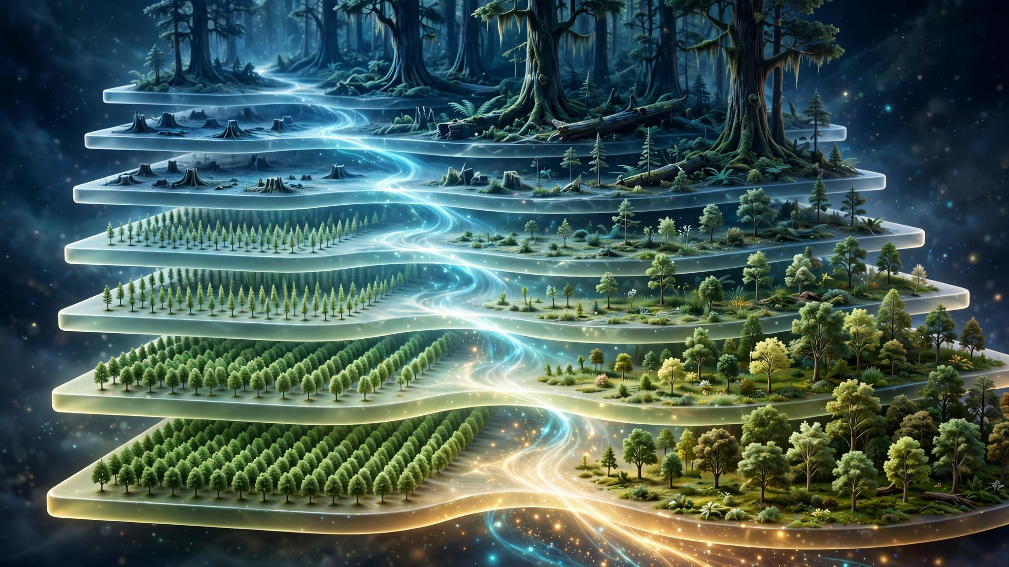 Stacked yearly layers of the same forest landscape showing old-growth forest replaced by plantation rows and abandoned land regrowing