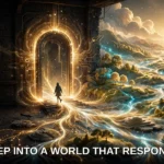 A person steps through a glowing doorway into a luminous simulated world of hills, rivers and light