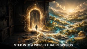 A person steps through a glowing doorway into a luminous simulated world of hills, rivers and light