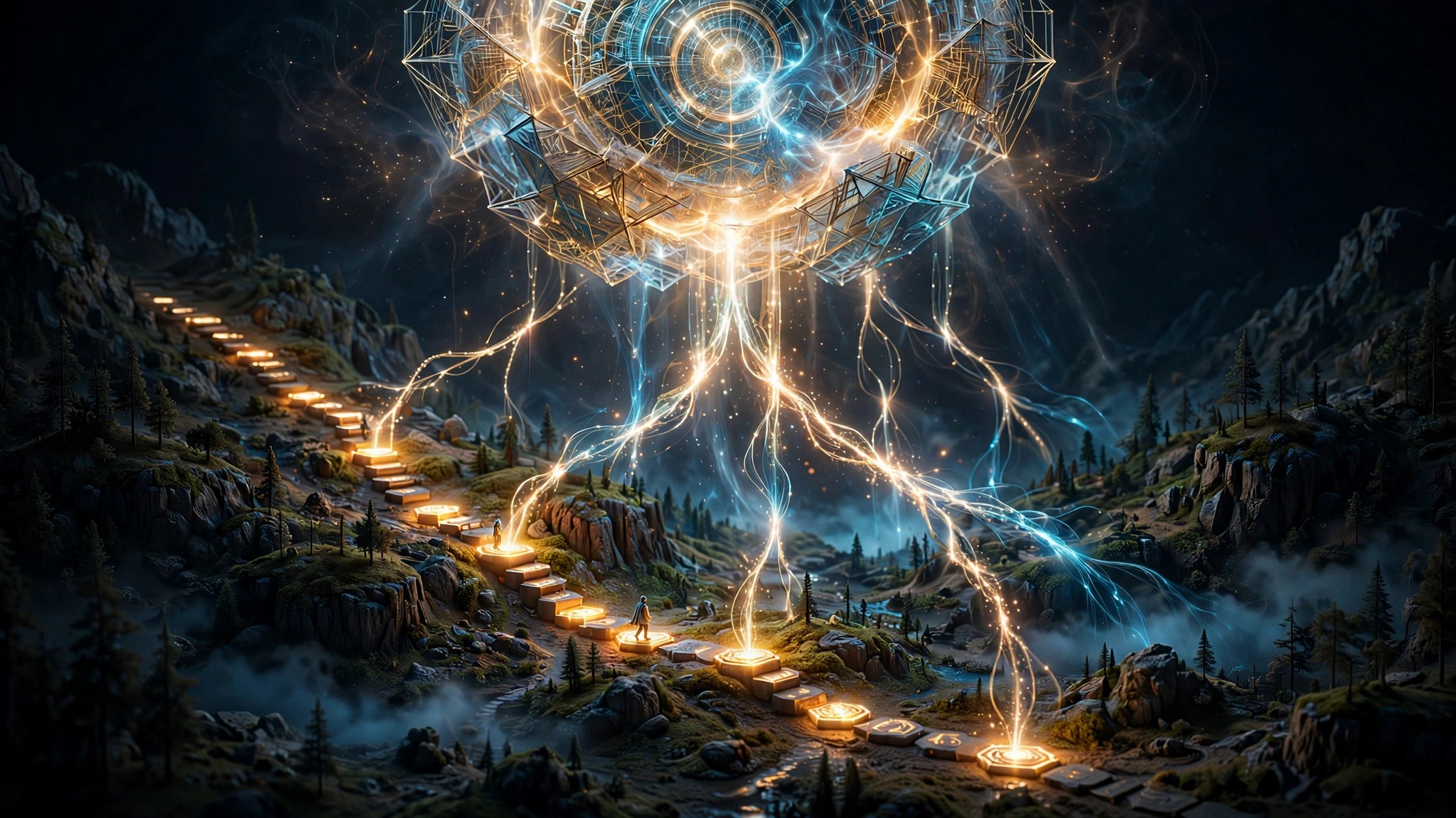 A glowing reasoning core sends branching light paths across a miniature simulated landscape, breaking a goal into steps