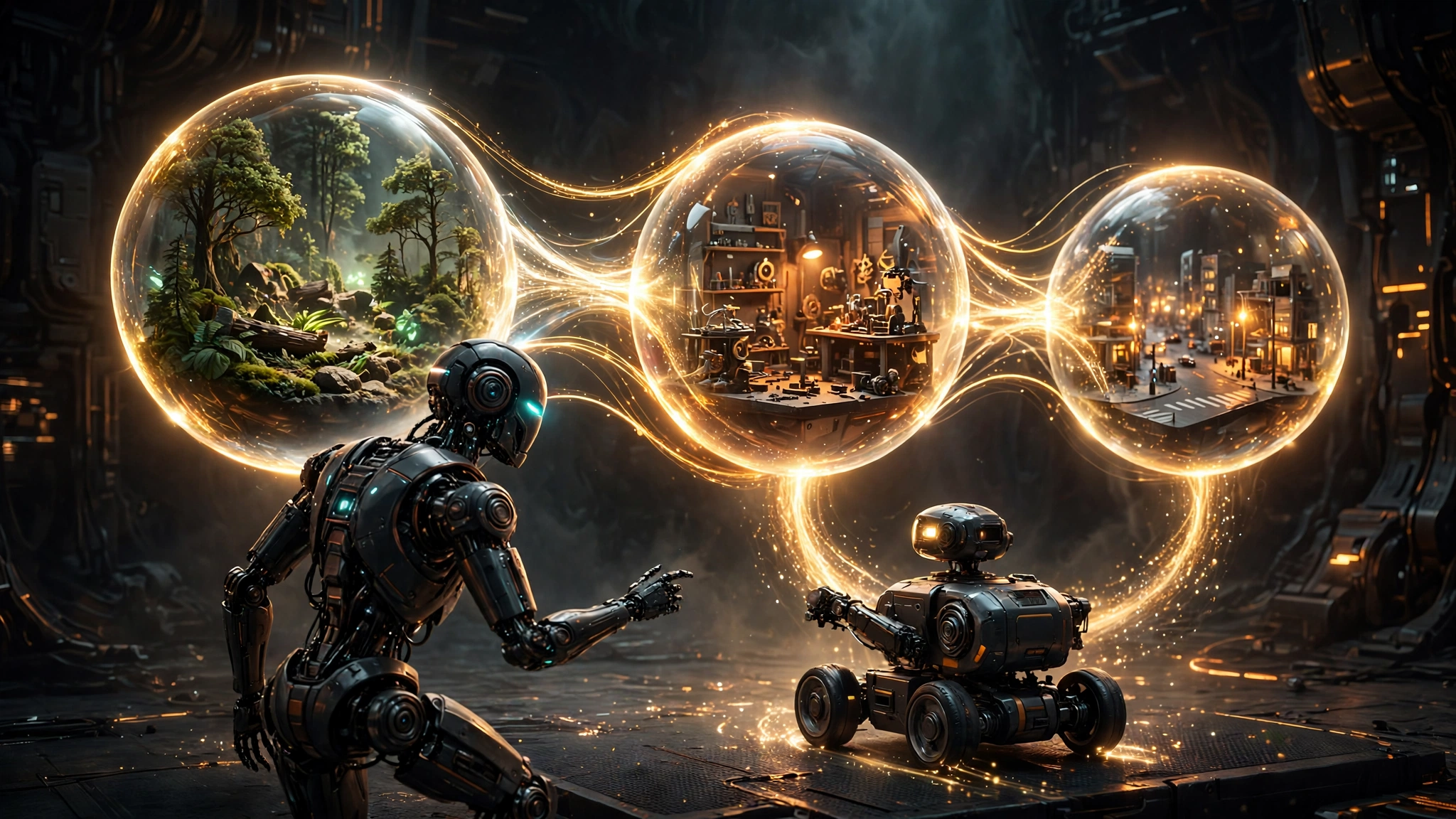 A robot and an agent practise inside glowing simulated worlds: forest, workshop and street dioramas