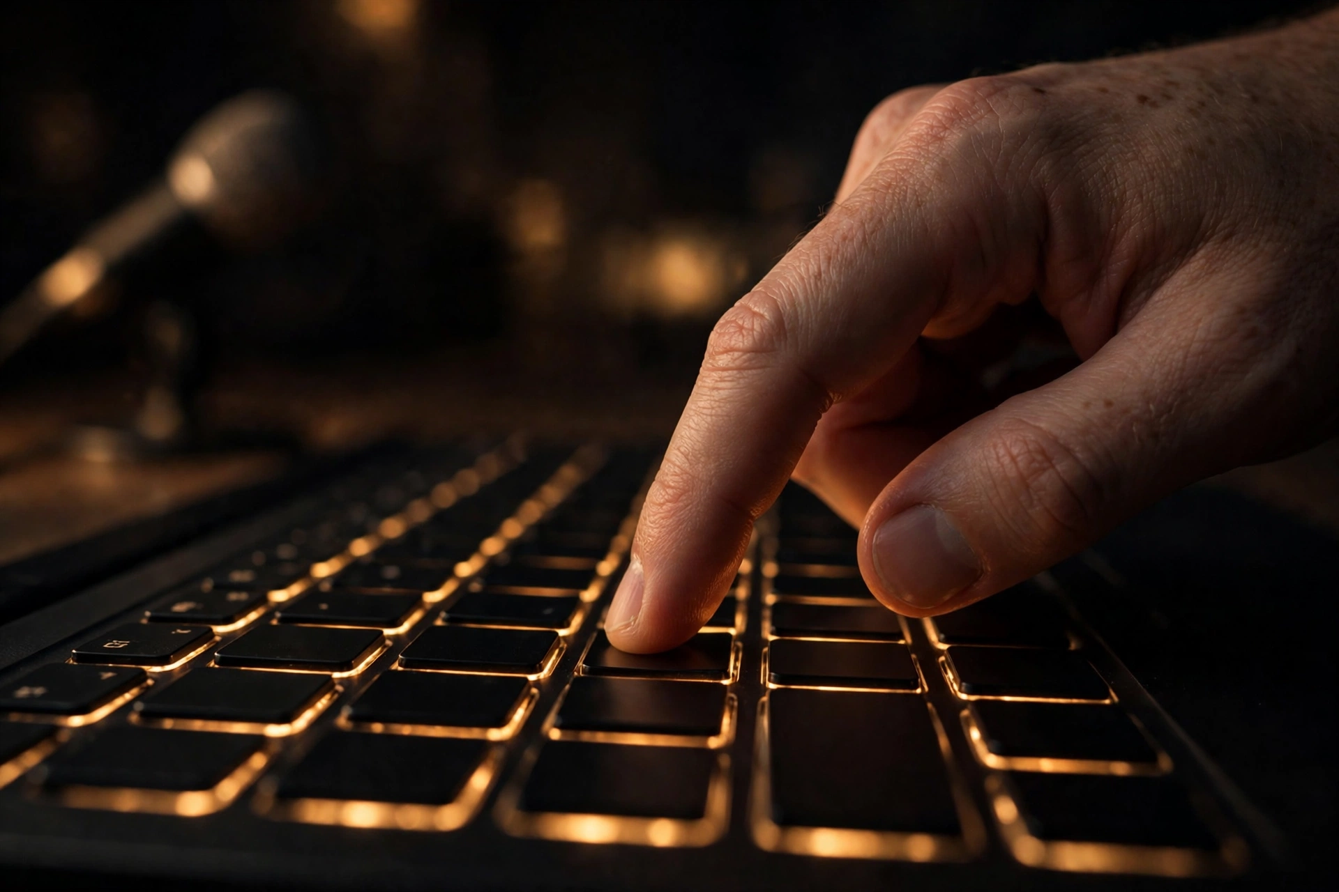 A hand pressing a key on a backlit laptop keyboard in a dark room