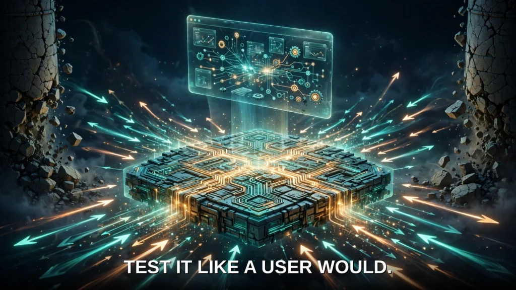 A glowing shared platform absorbs a flood of request arrows while cracked silos of static code crumble, with a translucent browser window above showing a living application.
