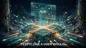 A glowing shared platform absorbs a flood of request arrows while cracked silos of static code crumble, with a translucent browser window above showing a living application.
