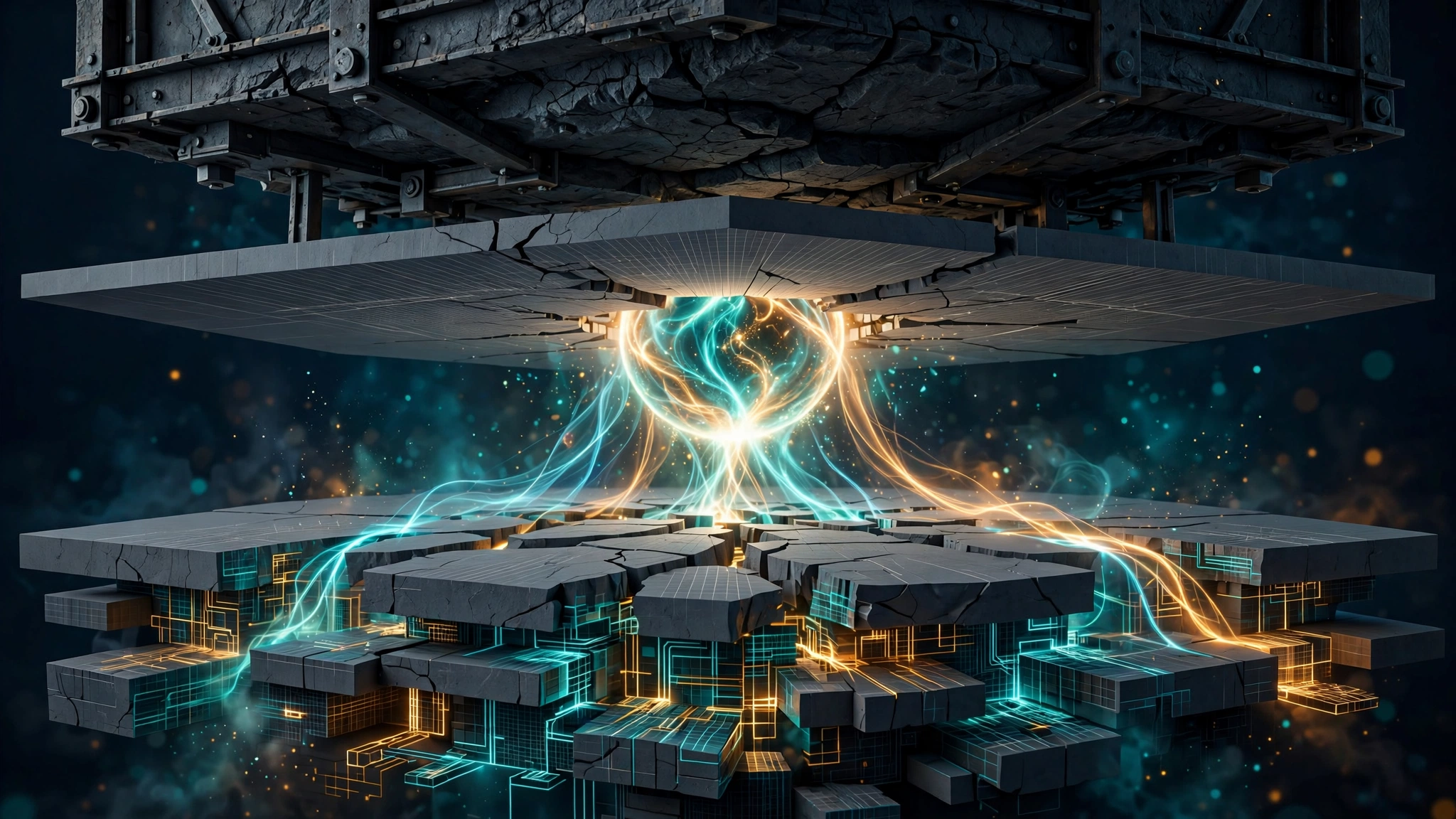 A glowing sphere of a running application breaks through the heavy ceiling of static code.
