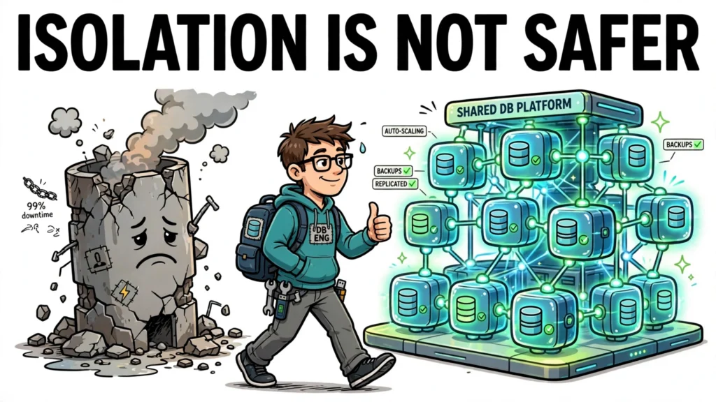 Cartoon illustration of a database engineer choosing a shared multi-tenant database platform over a crumbling isolated server, with the headline 'Isolation is not safer'.
