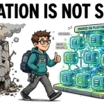 Cartoon illustration of a database engineer choosing a shared multi-tenant database platform over a crumbling isolated server, with the headline 'Isolation is not safer'.