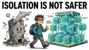 Cartoon illustration of a database engineer choosing a shared multi-tenant database platform over a crumbling isolated server, with the headline 'Isolation is not safer'.
