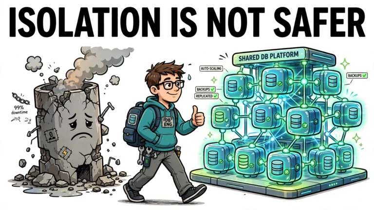Cartoon illustration of a database engineer choosing a shared multi-tenant database platform over a crumbling isolated server, with the headline 'Isolation is not safer'.