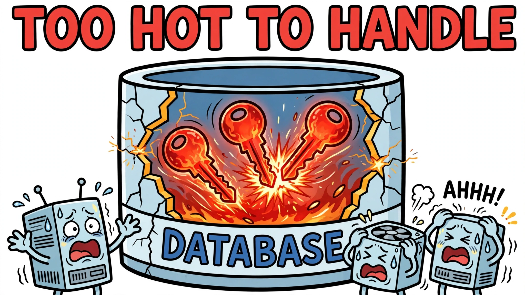 Cartoon illustration of a database overwhelmed by overheating hot partition keys, with the headline 'Too hot to handle'.