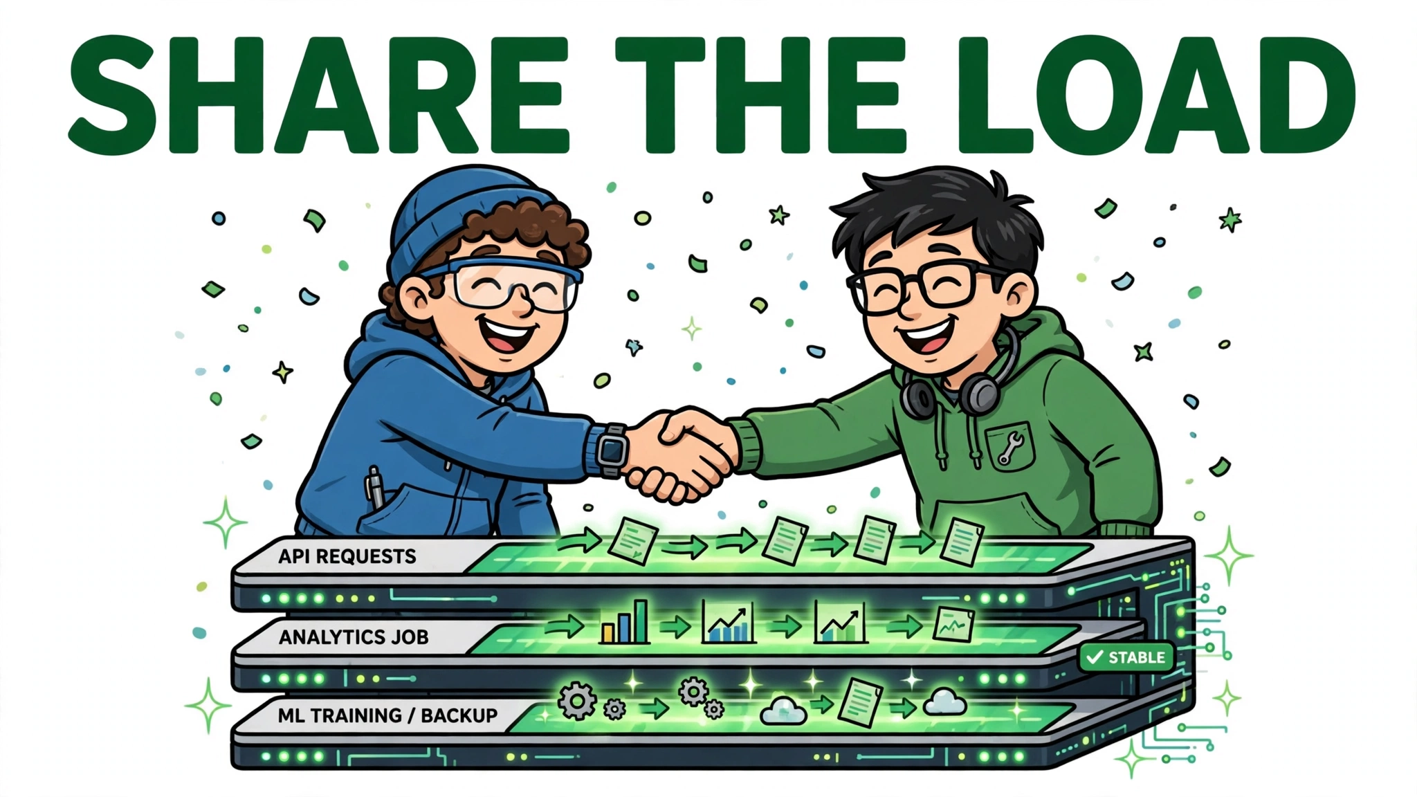 Cartoon illustration of two engineers sharing API requests, analytics jobs and ML training load across a shared platform, with the headline 'Share the load'.