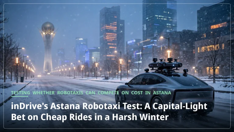 A driverless robotaxi driving through a snowy Astana boulevard at winter dusk