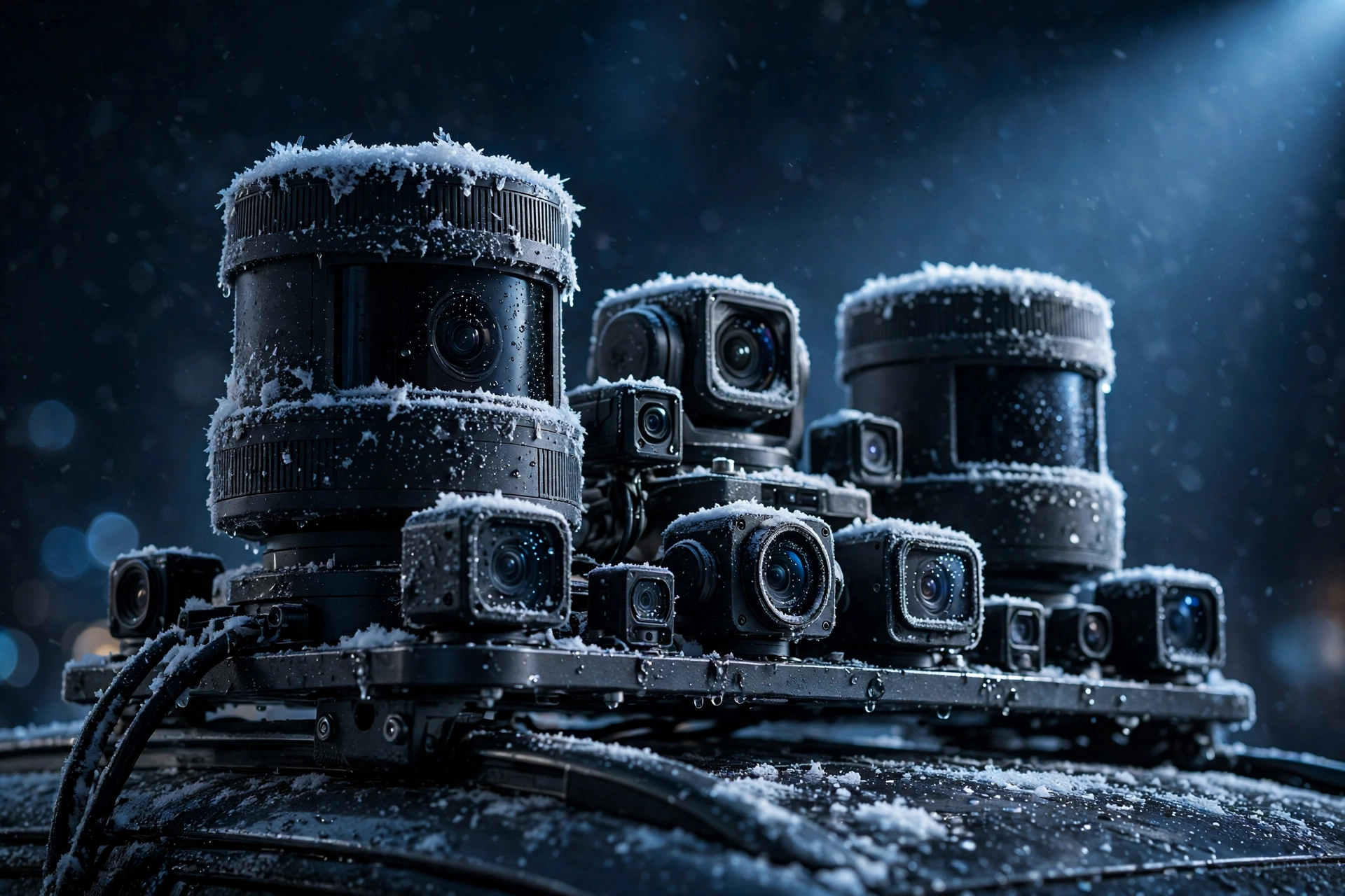 Close-up of a robotaxi roof sensor array dusted with snow