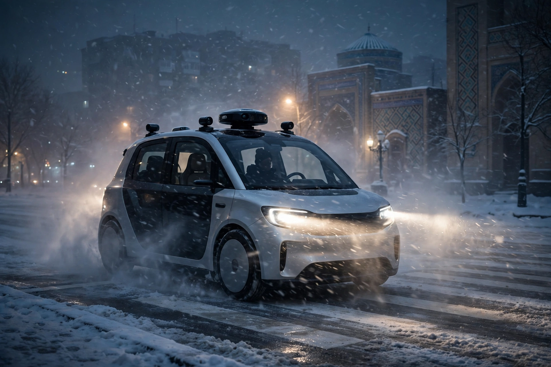 A robotaxi at a snow-covered Astana intersection at night