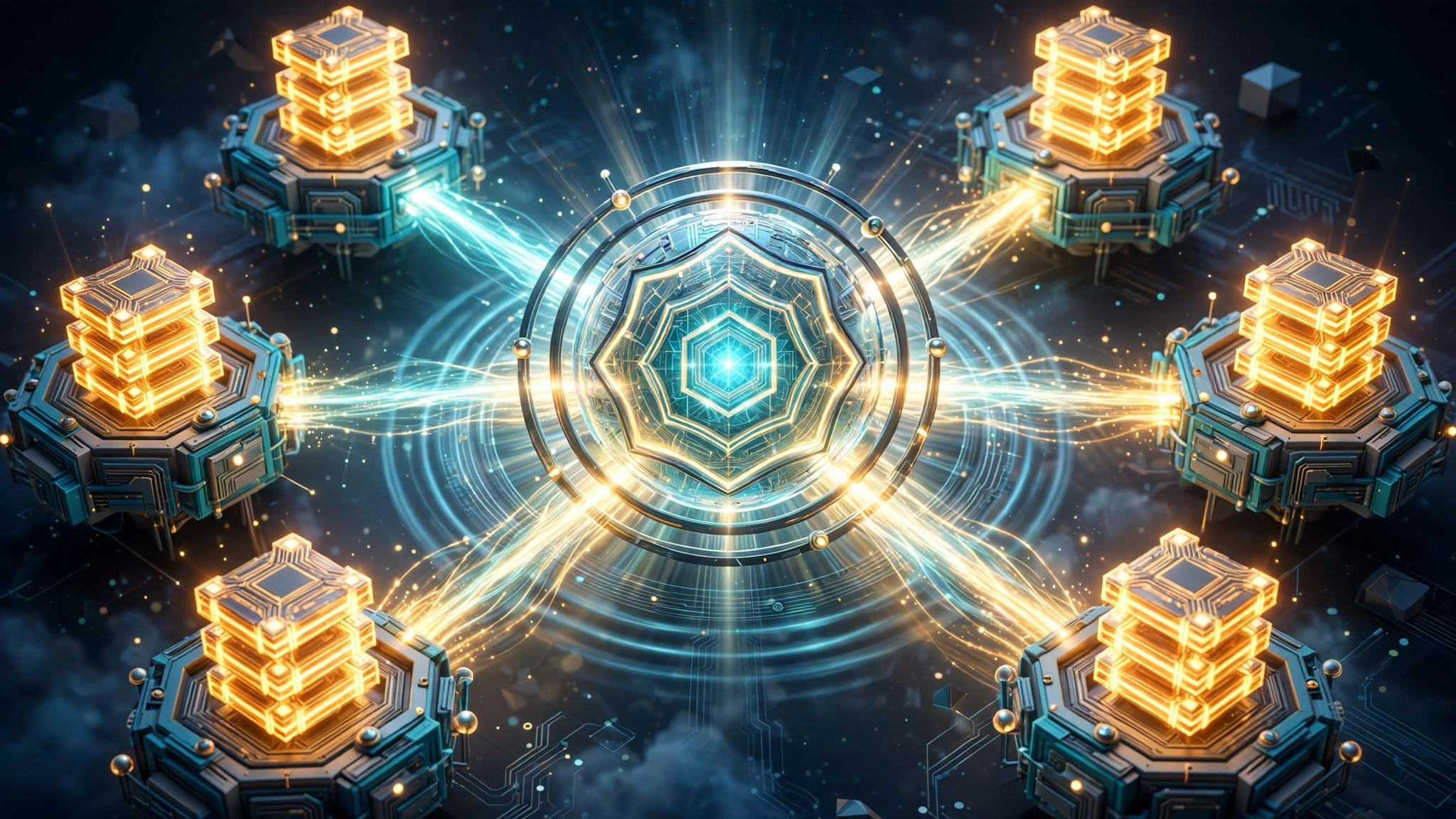 A glowing central coordinator hub linked by light streams to worker nodes holding GPU blocks