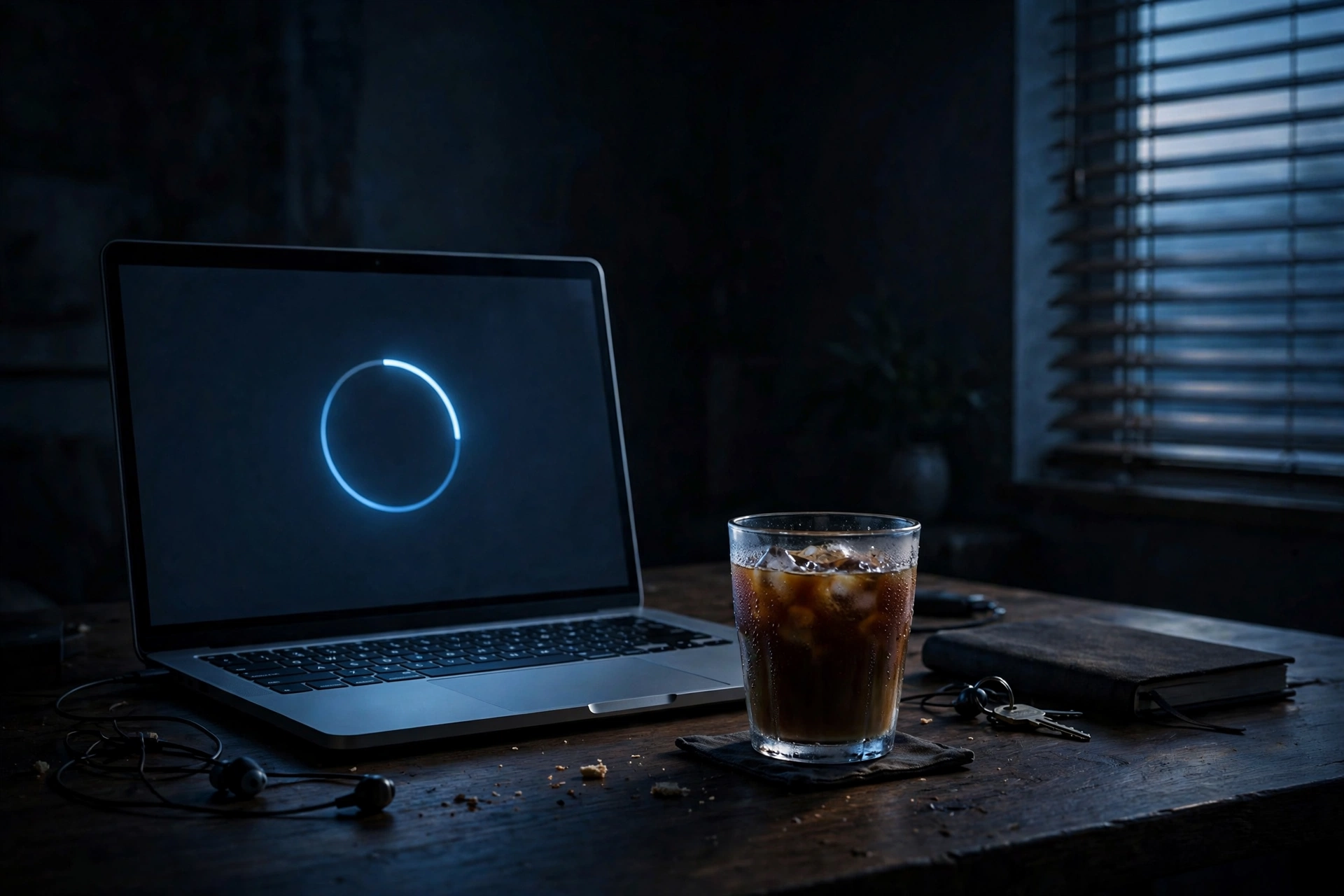 A laptop in a dark room in the small hours, its screen glowing with a software update in progress