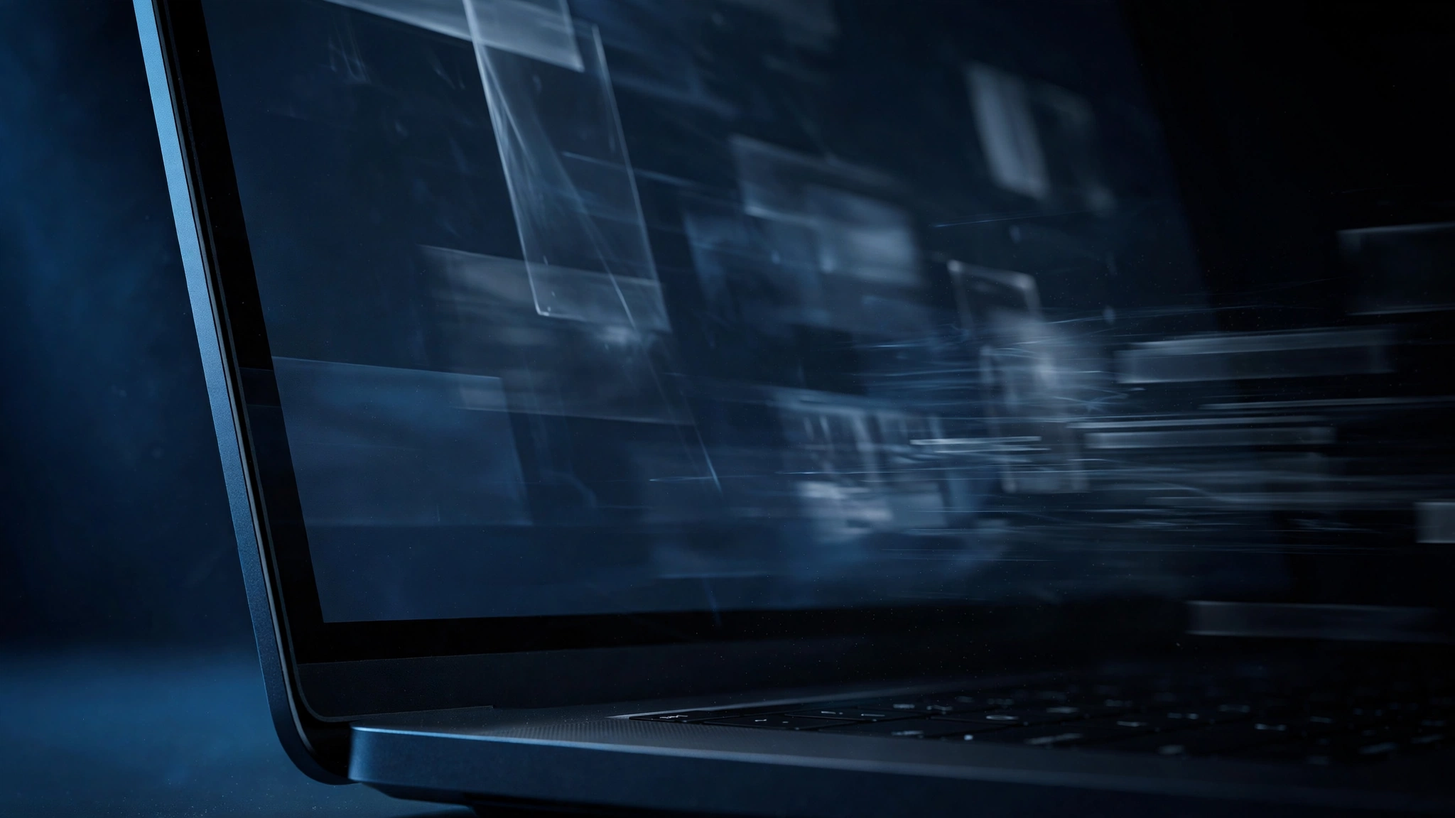 Close-up of a laptop screen in a dark room showing distorted window trails and a faint flicker.