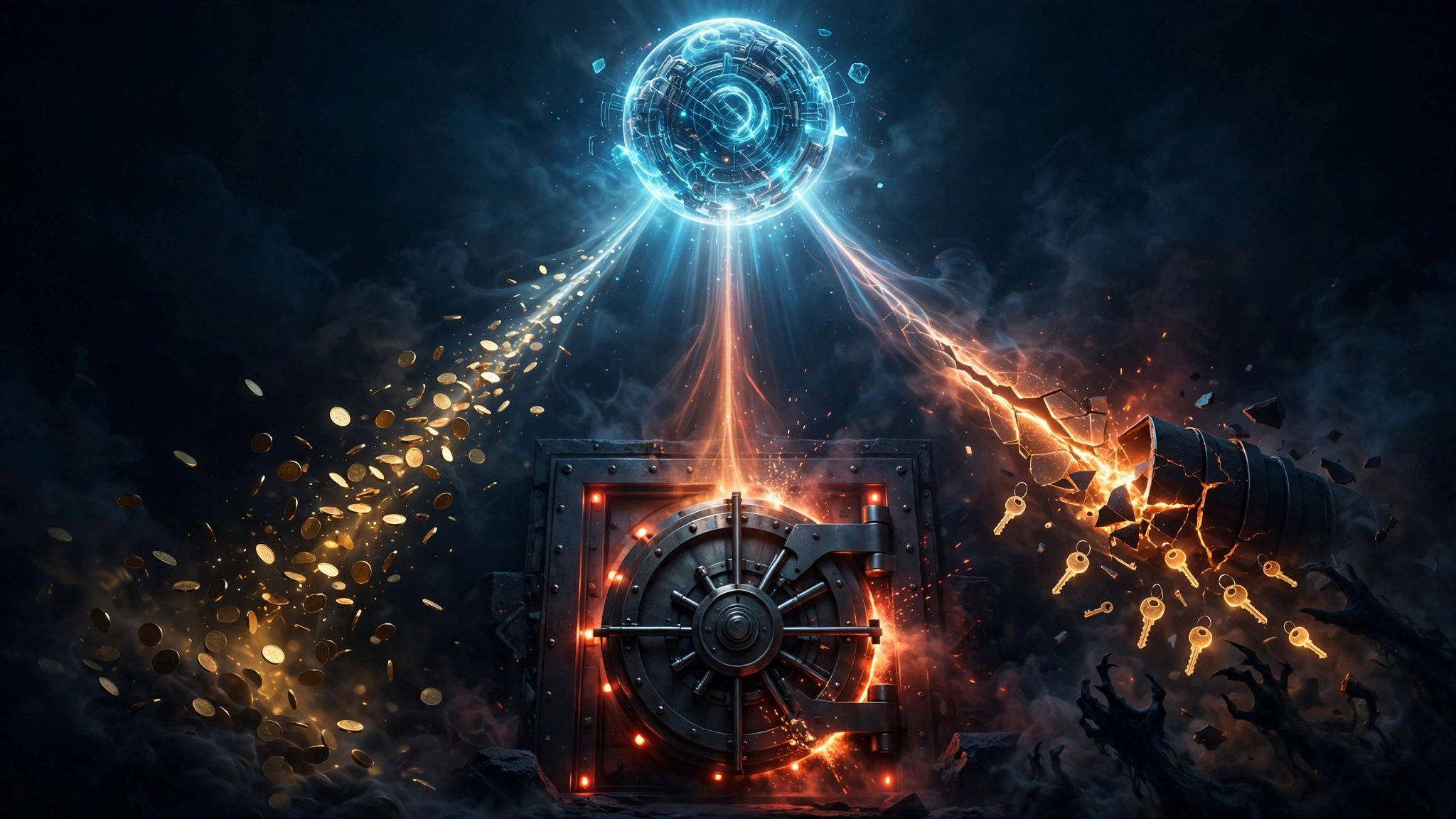 An AI orb sends three streams downward: coins scattering unseen, a vault door slamming shut, and keys leaking from a cracked vault toward shadowy hands.