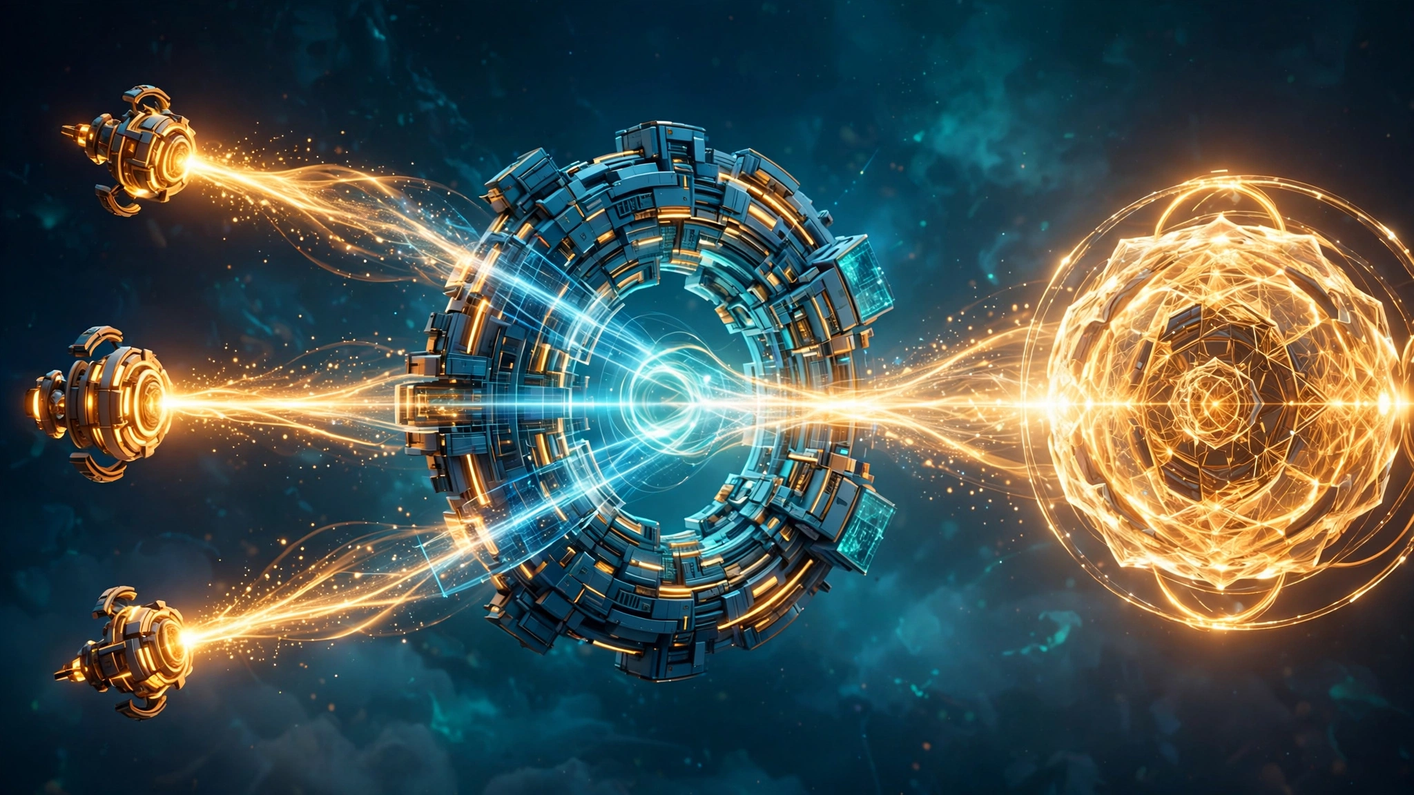 Service nodes sending request streams through a central gateway hub to a glowing AI model core