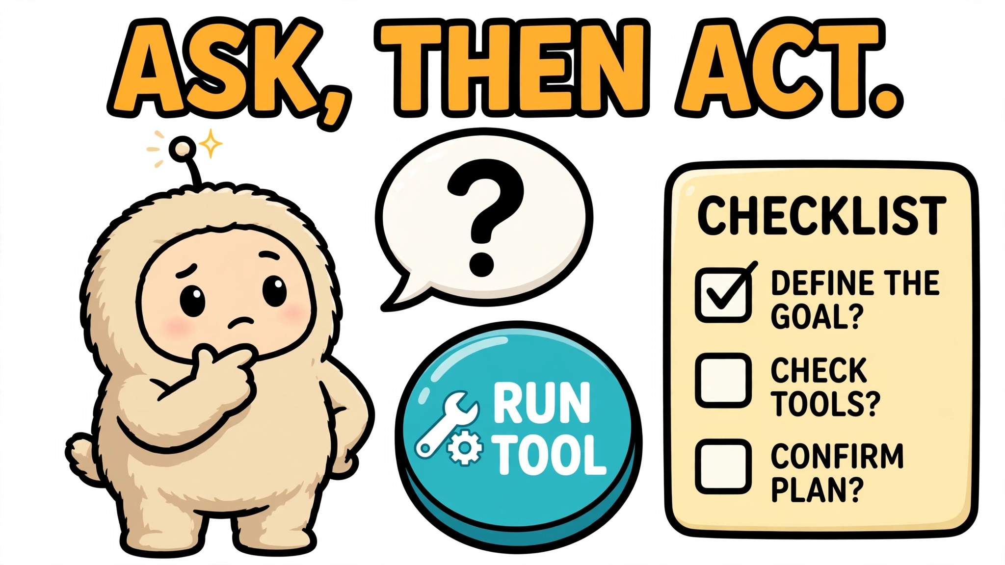 Cartoon agent asking a question before running a tool, beside a checklist