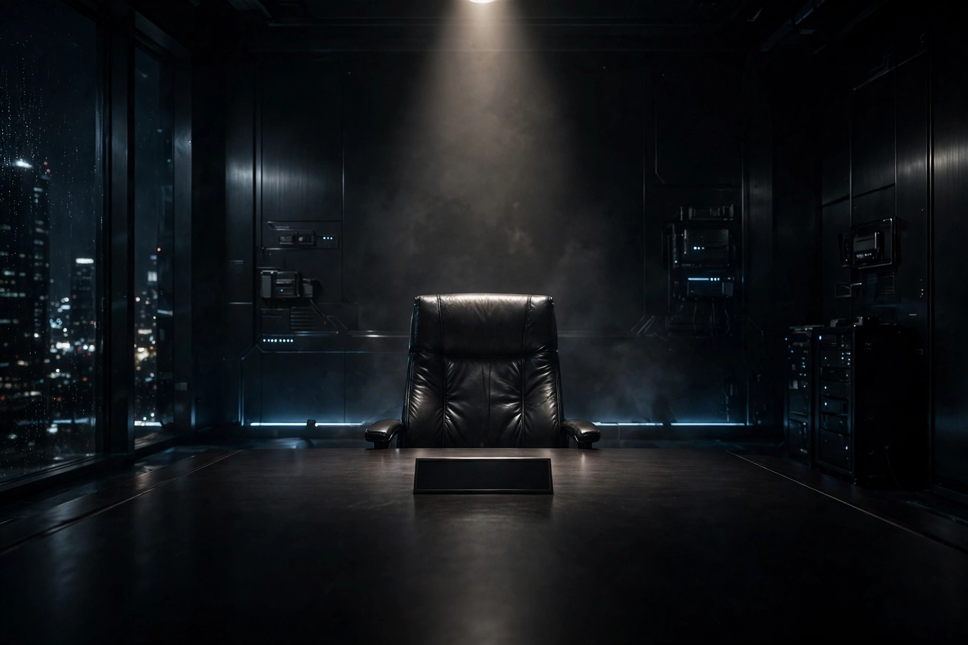 Empty chair at the head of a boardroom table under a single spotlight, with a blank nameplate