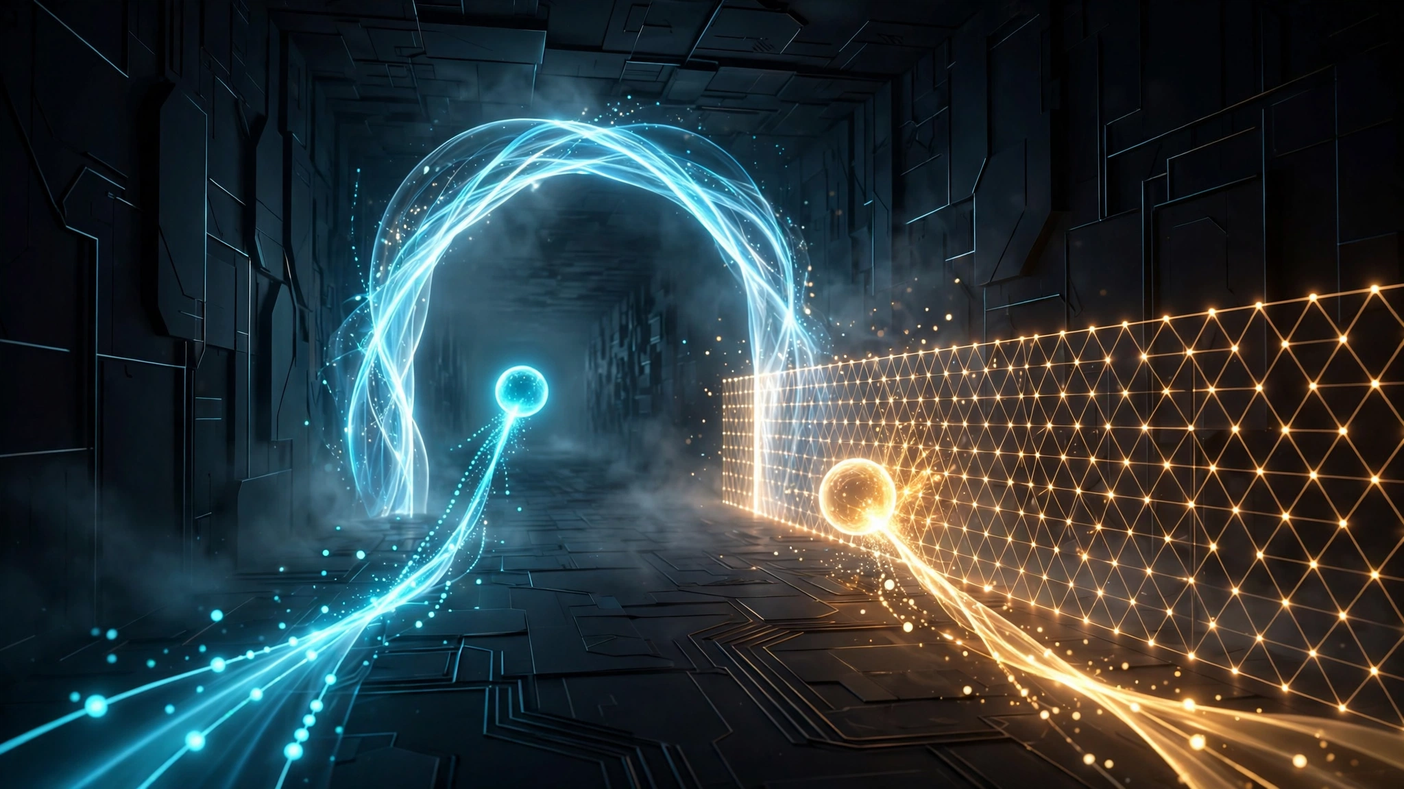 A luminous gateway arch: one agent orb passes through while another is stopped by a glowing barrier
