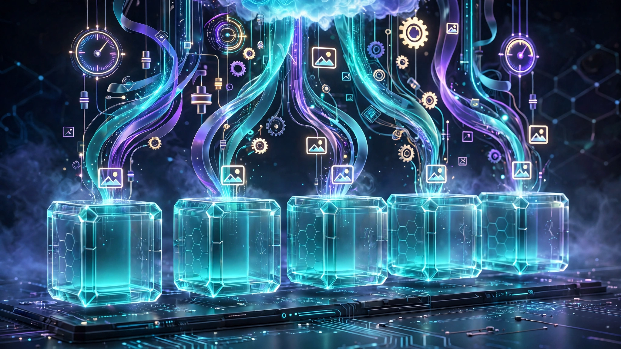 Identical glowing containers receiving streams of configuration while remaining unchanged