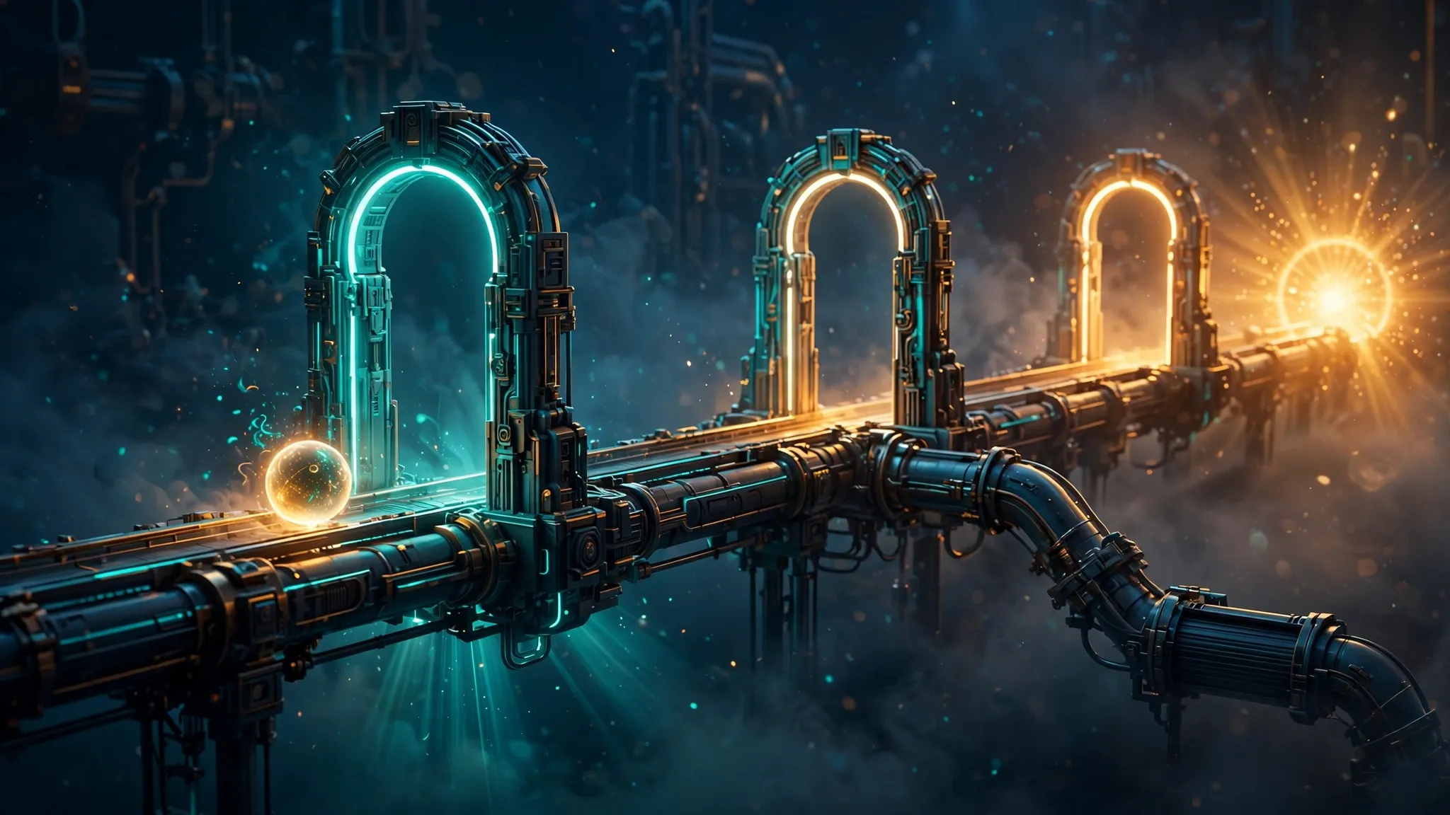 A glowing agent orb travelling along a pipeline through successive luminous checkpoint gates