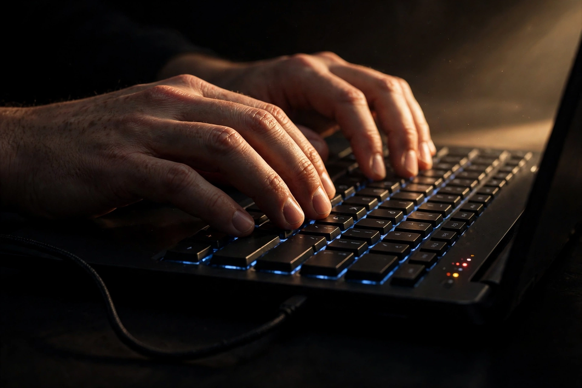 Hands typing on a backlit keyboard in a dark room, a cable snaking away into shadow