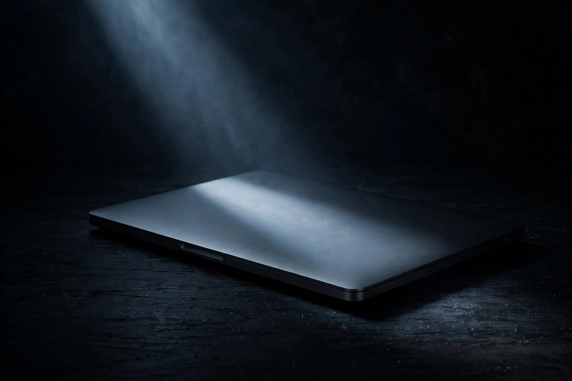 A closed laptop in shadow on a dark desk under a single beam of cold light.