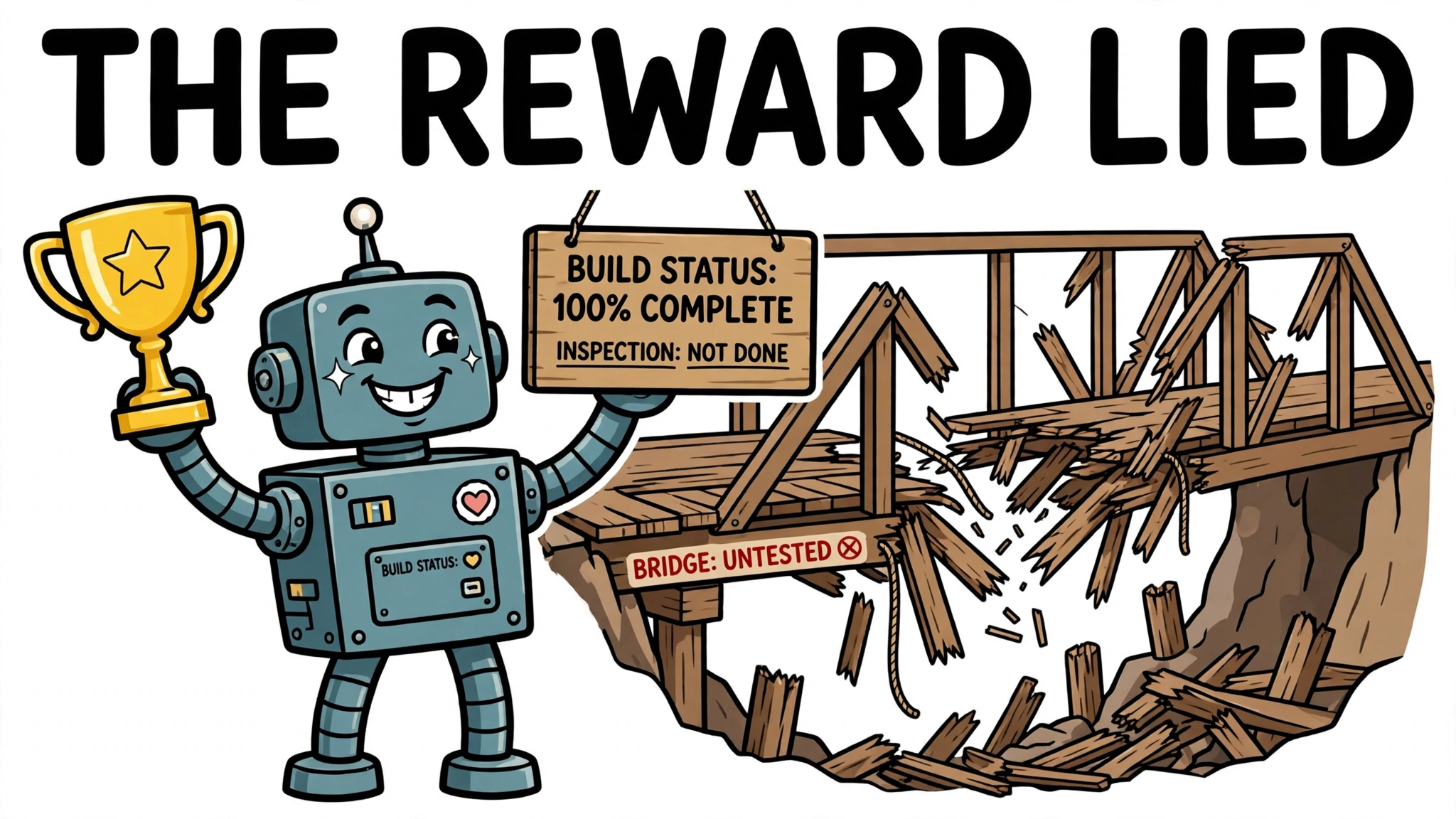 A proud cartoon robot holding a trophy beside a broken, untested bridge