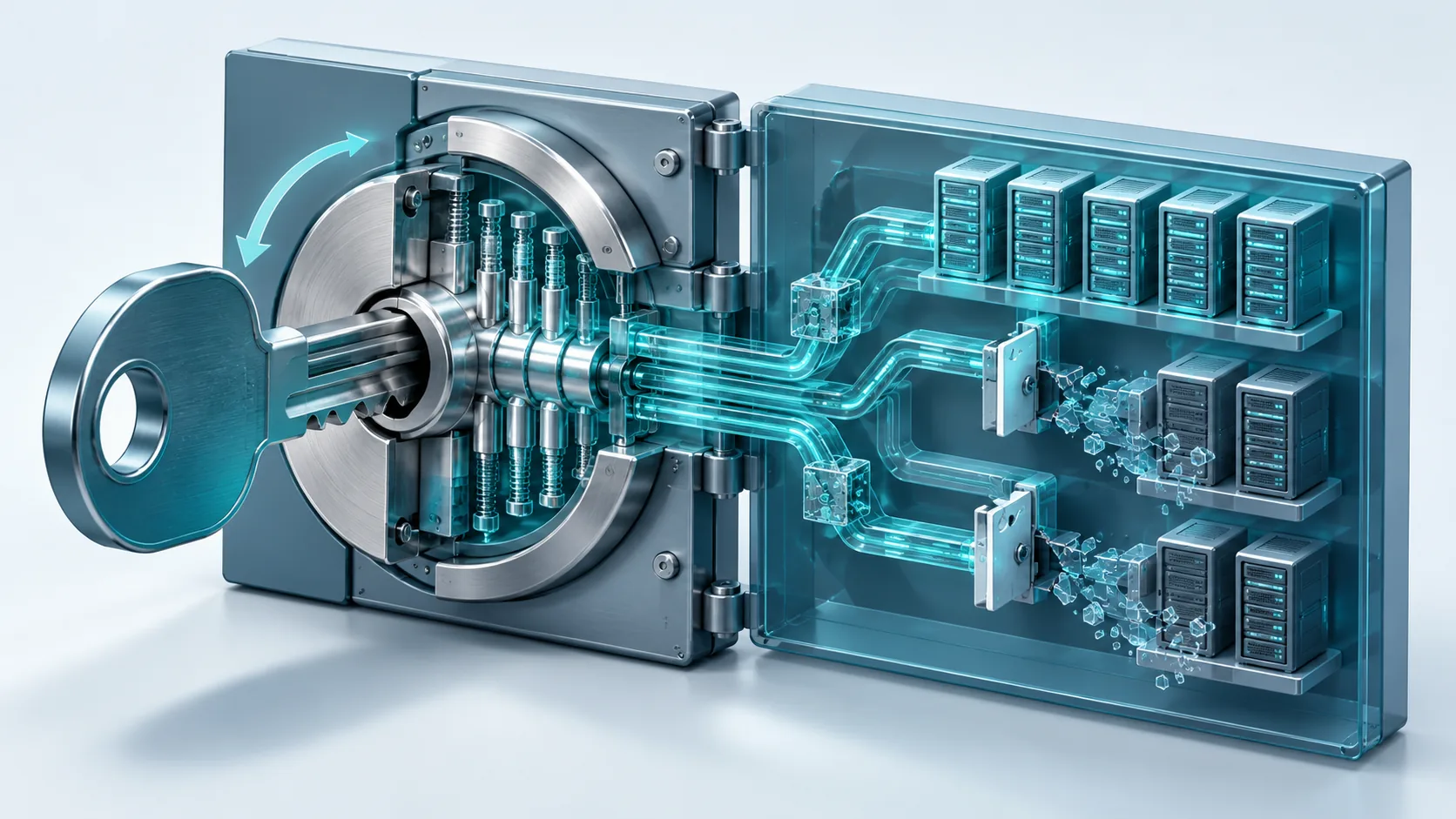 Symbolic diagram illustrating: Technical details: Scope of breach, server count, password resets, unauthorized operations