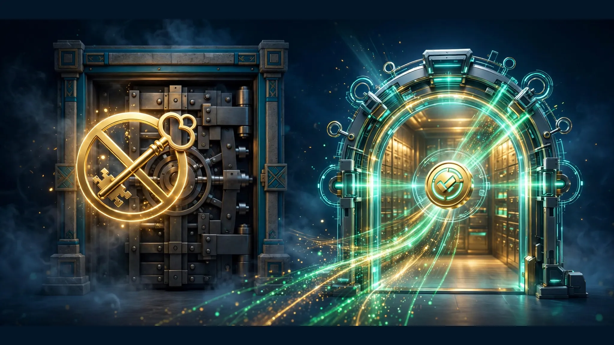 Two vault gateways: a sealed door with a crossed-out key, and an open arch where a permission token passes through verification.