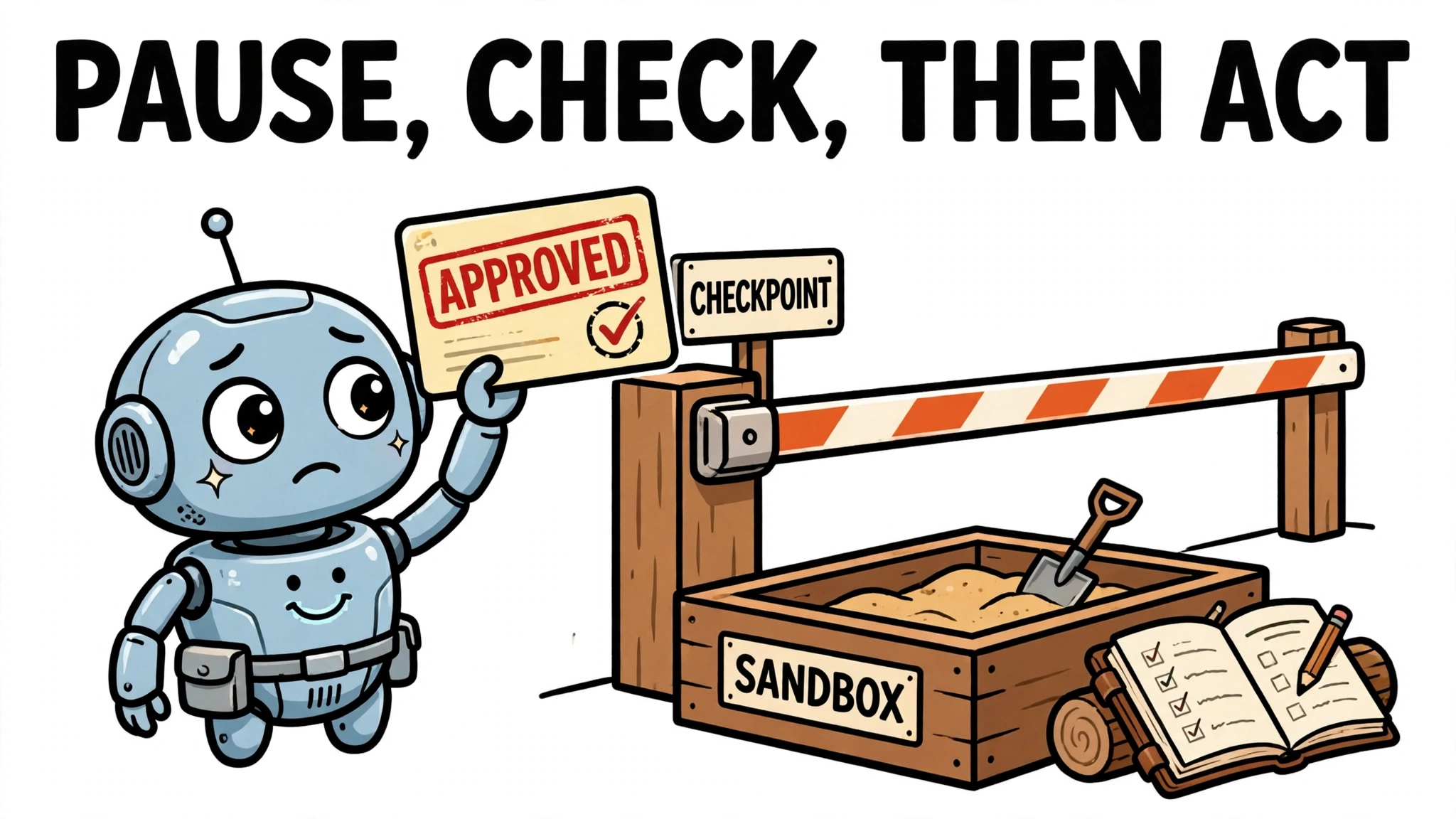 Cartoon agent holding an approval card at a guardrail checkpoint with a sandbox, headline PAUSE, CHECK, THEN ACT