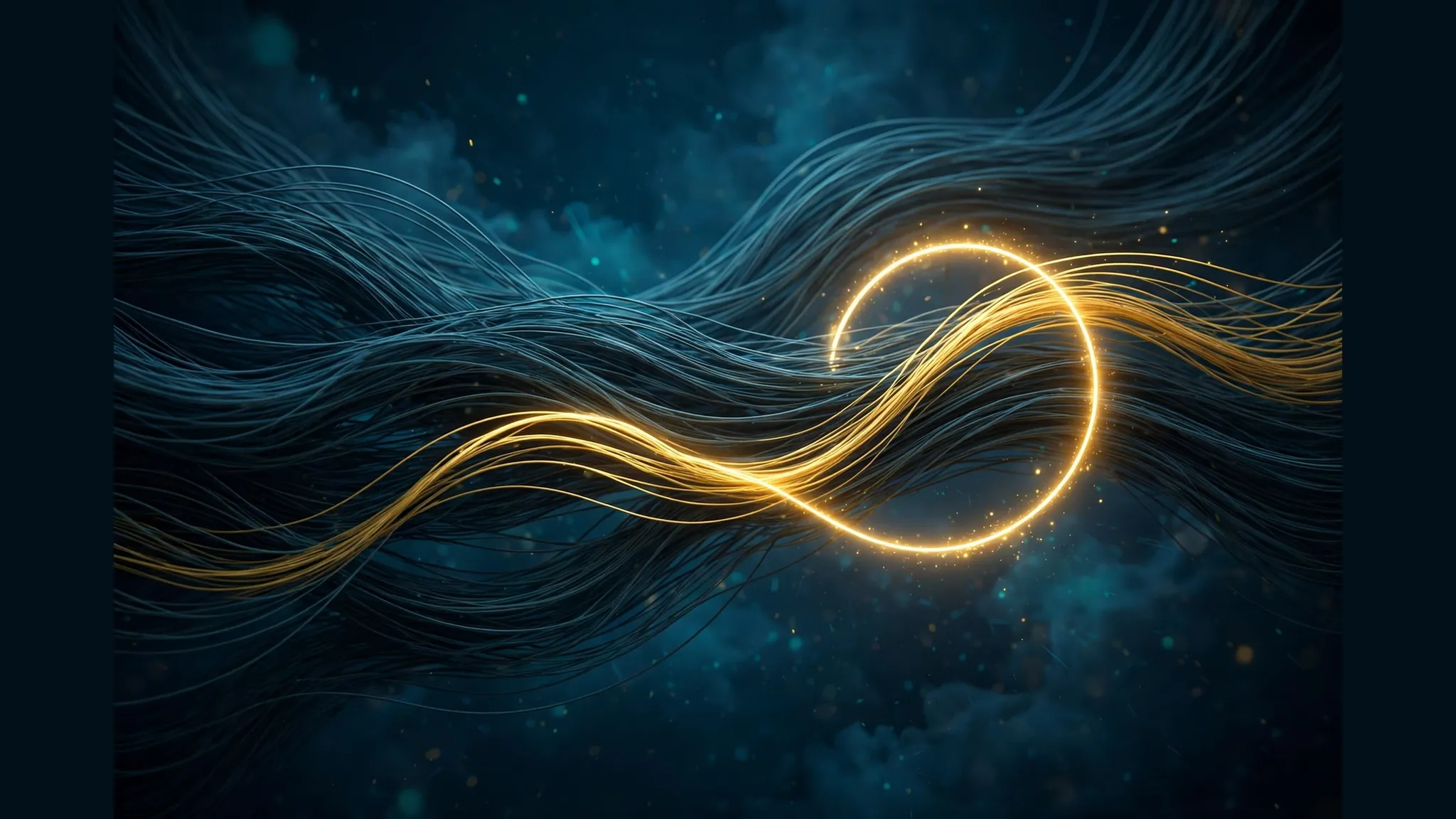 A single golden thread traced by a ring of light through a bundle of anonymous threads