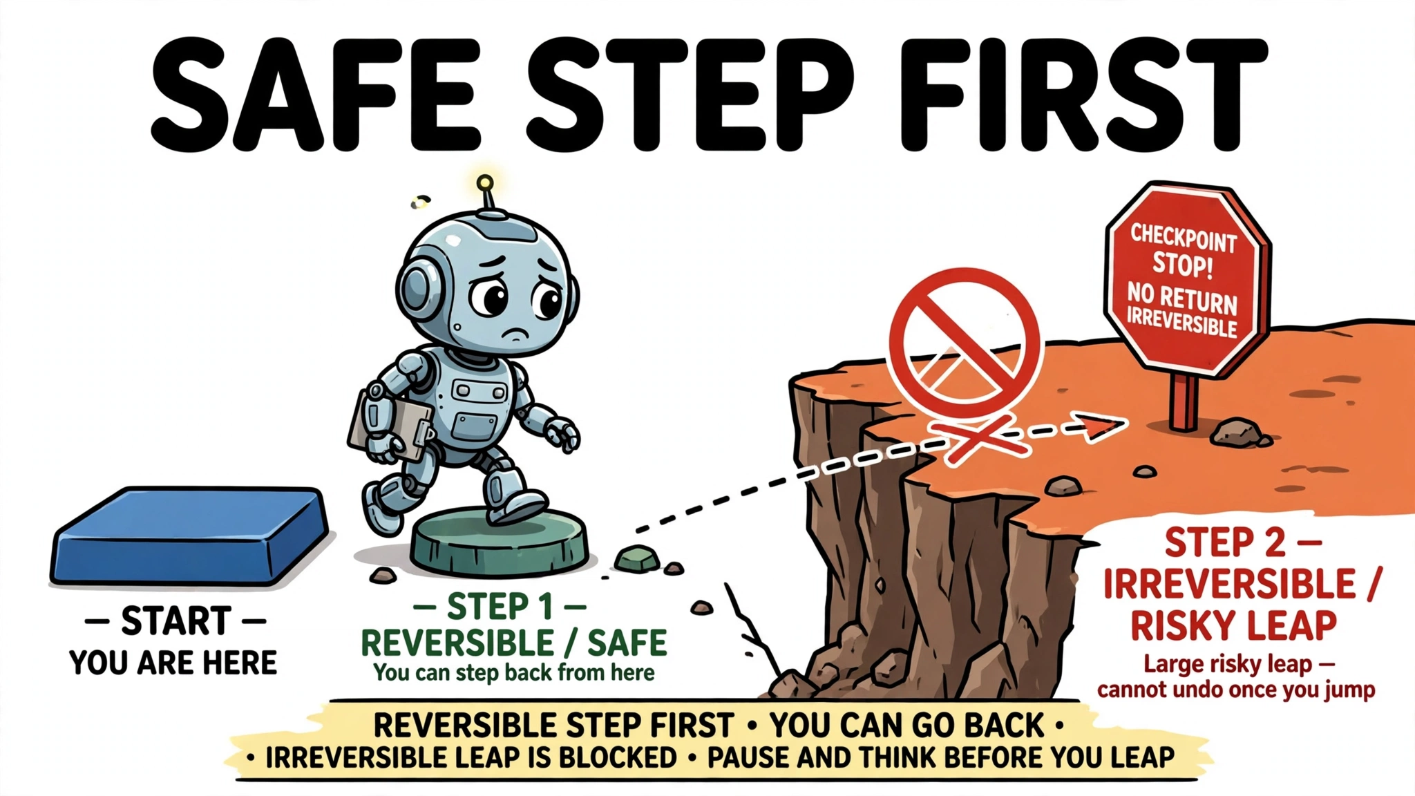 Cartoon robot taking a safe reversible step first, with an irreversible leap blocked at a checkpoint