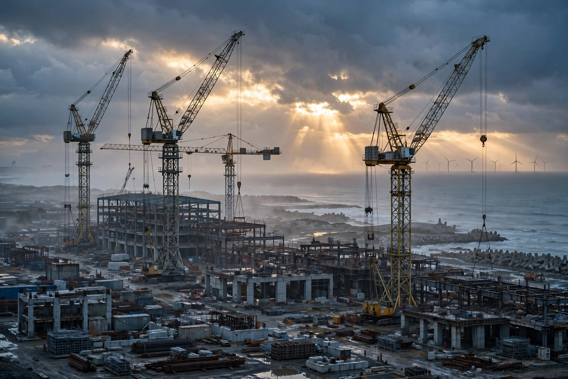 Construction cranes and wind turbines on a coastal industrial site at dawn