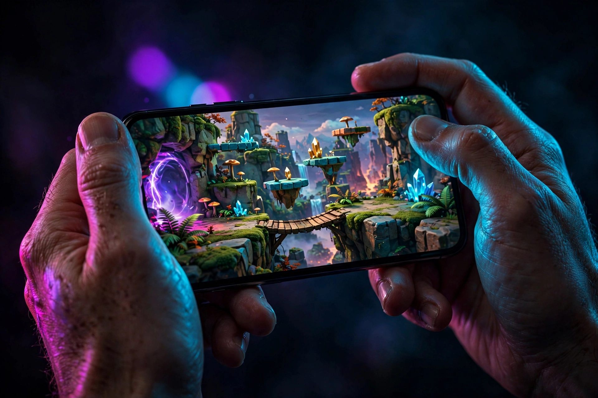 Hands holding a smartphone glowing with a retro 3D platformer game in a dark room