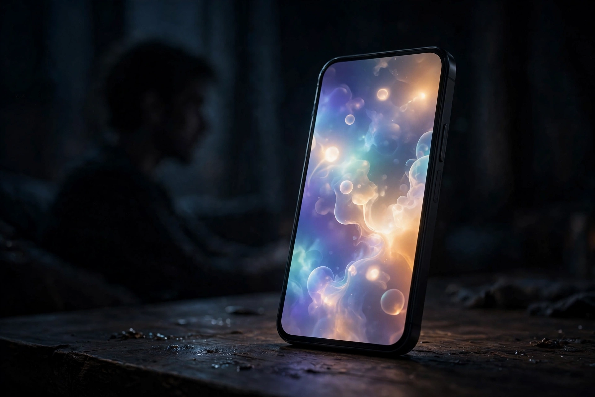 Smartphone glowing with an AI interface in a dark room as a person watches