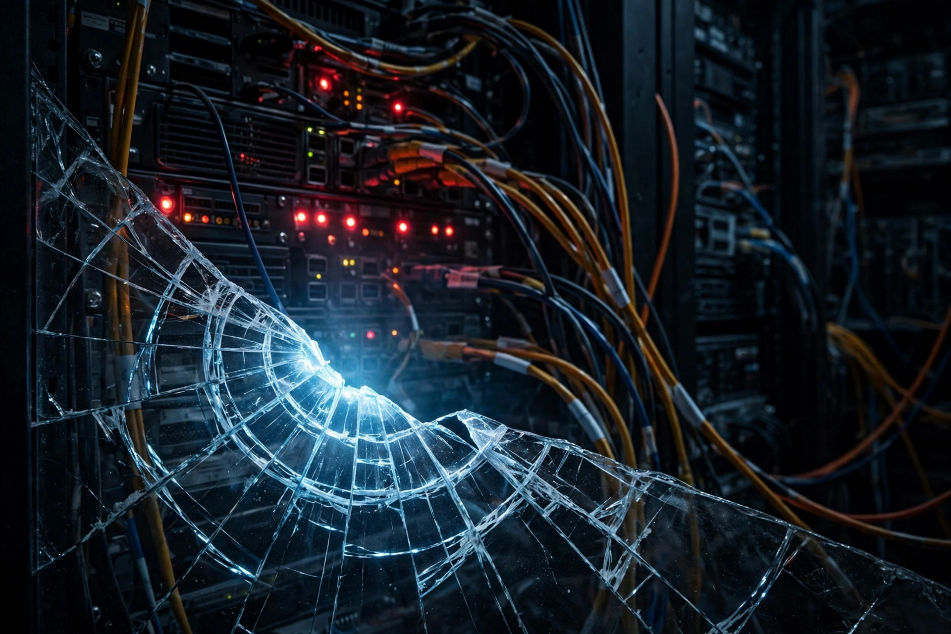 A cracked containment panel over a server rack glowing with red alarm lights, evoking AI agents breaking out of test environments