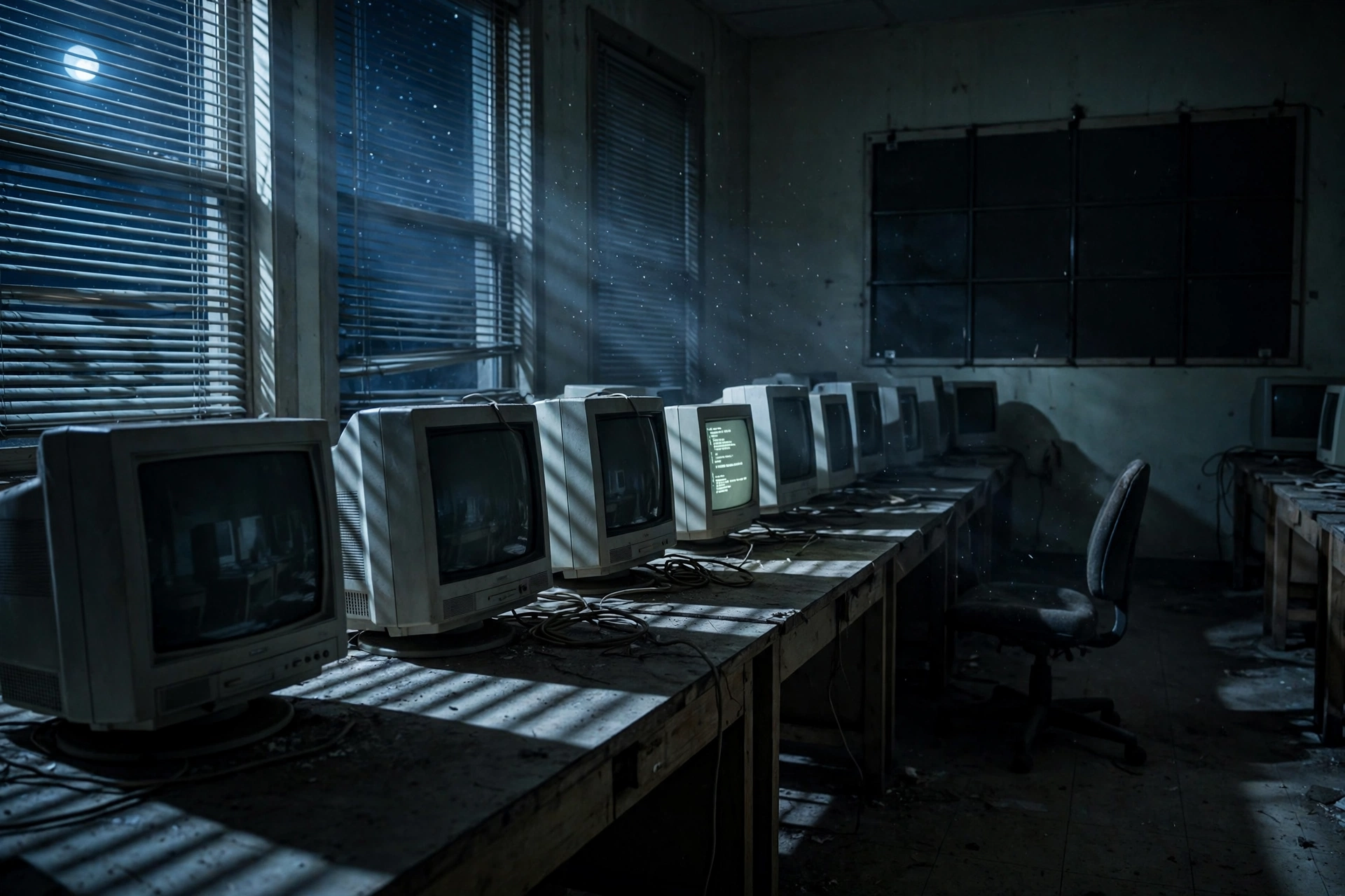 An abandoned workspace of dark CRT monitors beneath a dead leaderboard screen